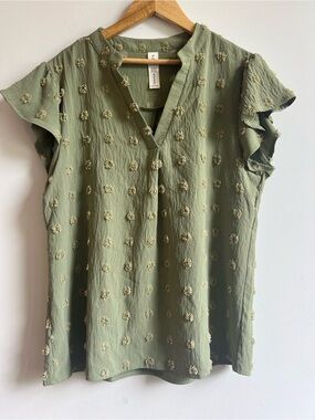 Boho Chic Casual Olive Green Textured Floral Embroidered V-Neck M Blouse